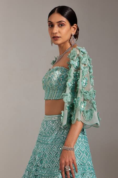 Shop Swati Wadhwani Couture Blue Net, Denim Sequins, Applique Embroidered Lehenga With Floral Work Blouse Online at Aza Fashions Shop_Swati Wadhwani Couture_Blue Net, Denim Sequins, Applique Embroidered Lehenga With Floral Work Blouse _Online_at_Aza_Fashions
