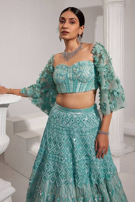 Swati Wadhwani Couture Blue Net, Denim Sequins, Applique Embroidered Lehenga With Floral Work Blouse at Aza Fashions Swati Wadhwani Couture_Blue Net, Denim Sequins, Applique Embroidered Lehenga With Floral Work Blouse _at_Aza_Fashions