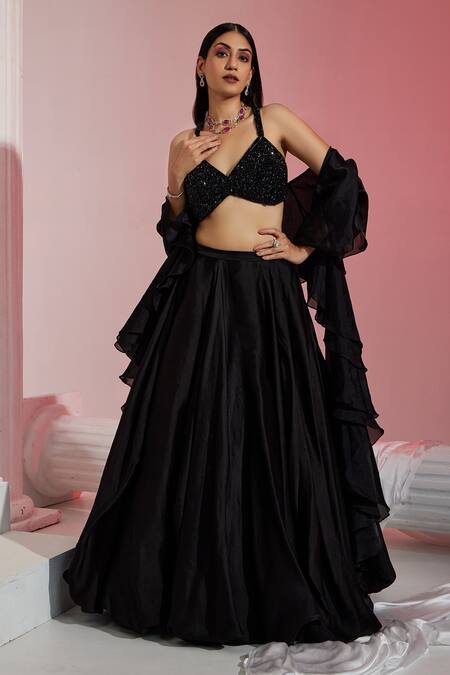 Shop Swati Wadhwani Couture Black Organza, Net Crystals, Beads Flared Skirt Embroidered Blouse Set at Aza Fashions Shop_Swati Wadhwani Couture_Black Organza, Net Crystals, Beads Flared Skirt Embroidered Blouse Set _at_Aza_Fashions