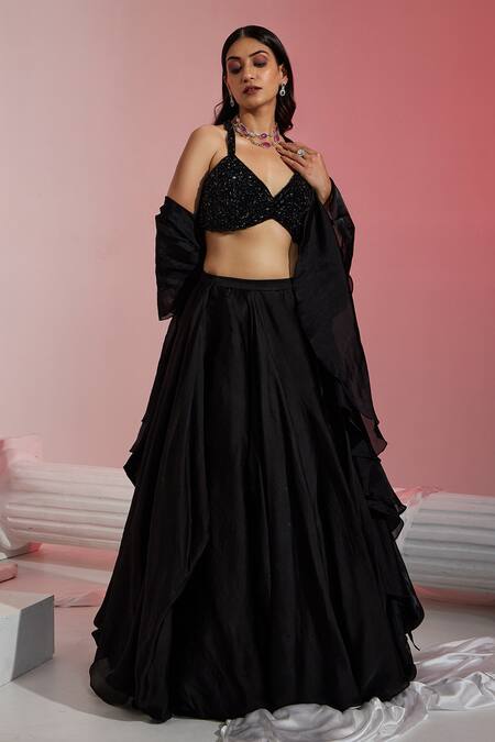 Swati Wadhwani Couture Black Organza, Net Crystals, Beads Flared Skirt Embroidered Blouse Set Online at Aza Fashions Swati Wadhwani Couture_Black Organza, Net Crystals, Beads Flared Skirt Embroidered Blouse Set _Online_at_Aza_Fashions
