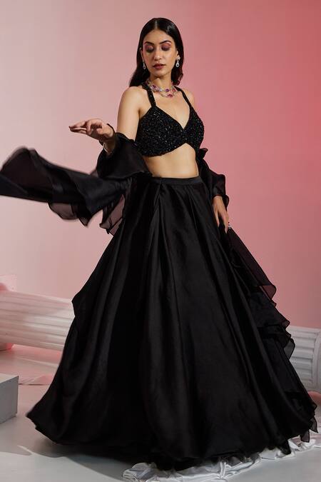 Buy Swati Wadhwani Couture Black Organza, Net Crystals, Beads Flared Skirt Embroidered Blouse Set Online at Aza Fashions Buy_Swati Wadhwani Couture_Black Organza, Net Crystals, Beads Flared Skirt Embroidered Blouse Set _Online_at_Aza_Fashions