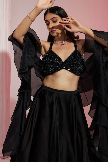 Shop Swati Wadhwani Couture Black Organza, Net Crystals, Beads Flared Skirt Embroidered Blouse Set Online at Aza Fashions Shop_Swati Wadhwani Couture_Black Organza, Net Crystals, Beads Flared Skirt Embroidered Blouse Set _Online_at_Aza_Fashions