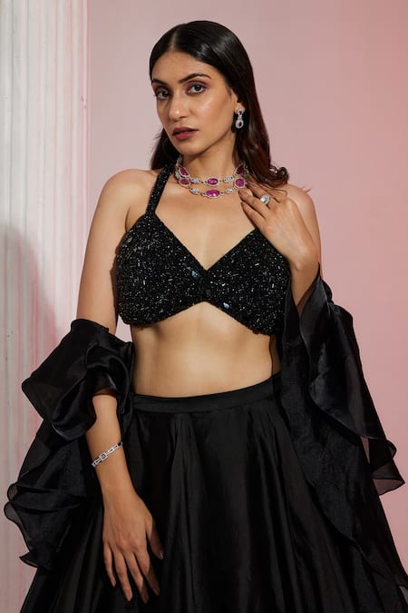 Swati Wadhwani Couture Black Organza, Net Crystals, Beads Flared Skirt Embroidered Blouse Set at Aza Fashions Swati Wadhwani Couture_Black Organza, Net Crystals, Beads Flared Skirt Embroidered Blouse Set _at_Aza_Fashions