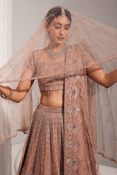 Shop Swati Wadhwani Couture Pink Silk, Net Sequins, Embroidery Square Neck Embellished Bridal Lehenga Set at Aza Fashions Shop_Swati Wadhwani Couture_Pink Silk, Net Sequins, Embroidery Square Neck Embellished Bridal Lehenga Set _at_Aza_Fashions