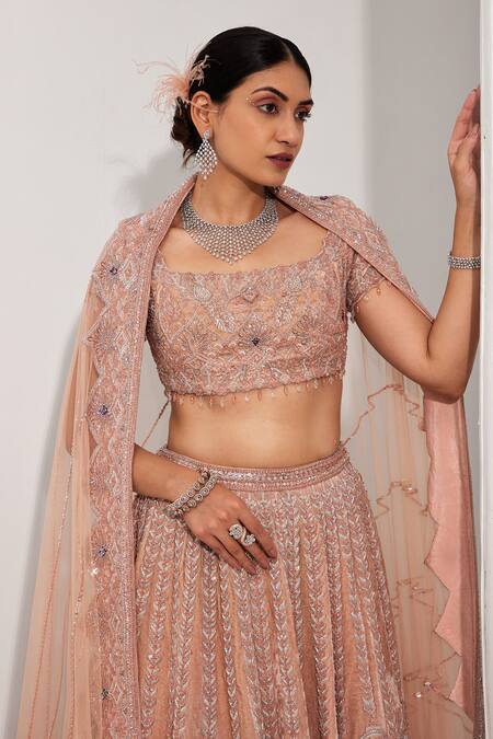 Swati Wadhwani Couture Pink Silk, Net Sequins, Embroidery Square Neck Embellished Bridal Lehenga Set Online at Aza Fashions Swati Wadhwani Couture_Pink Silk, Net Sequins, Embroidery Square Neck Embellished Bridal Lehenga Set _Online_at_Aza_Fashions
