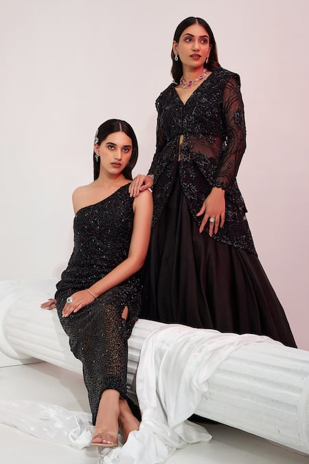 Swati Wadhwani Couture Black Organza, Net, Dupion, Silk Cut Work, Embroidered Peplum Jacket And Skirt Set Online at Aza Fashions Swati Wadhwani Couture_Black Organza, Net, Dupion, Silk Cut Work, Embroidered Peplum Jacket And Skirt Set _Online_at_Aza_Fashions