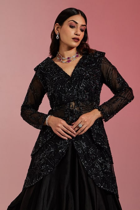 Buy Swati Wadhwani Couture Black Organza, Net, Dupion, Silk Cut Work, Embroidered Peplum Jacket And Skirt Set Online at Aza Fashions Buy_Swati Wadhwani Couture_Black Organza, Net, Dupion, Silk Cut Work, Embroidered Peplum Jacket And Skirt Set _Online_at_Aza_Fashions