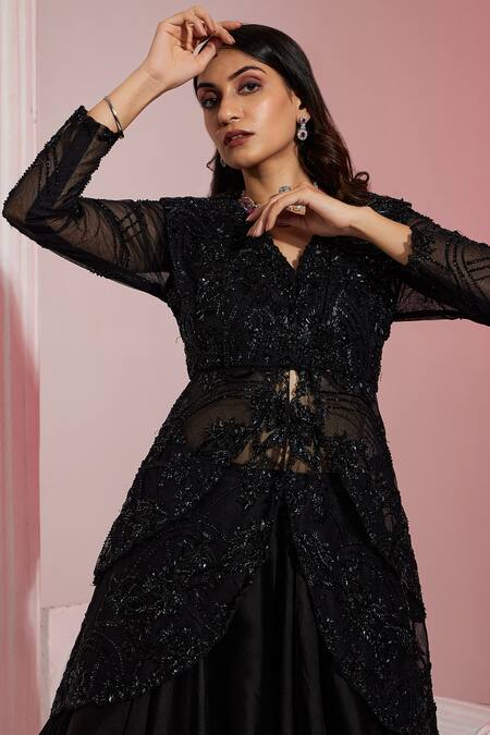 Swati Wadhwani Couture Black Organza, Net, Dupion, Silk Cut Work, Embroidered Peplum Jacket And Skirt Set at Aza Fashions Swati Wadhwani Couture_Black Organza, Net, Dupion, Silk Cut Work, Embroidered Peplum Jacket And Skirt Set _at_Aza_Fashions