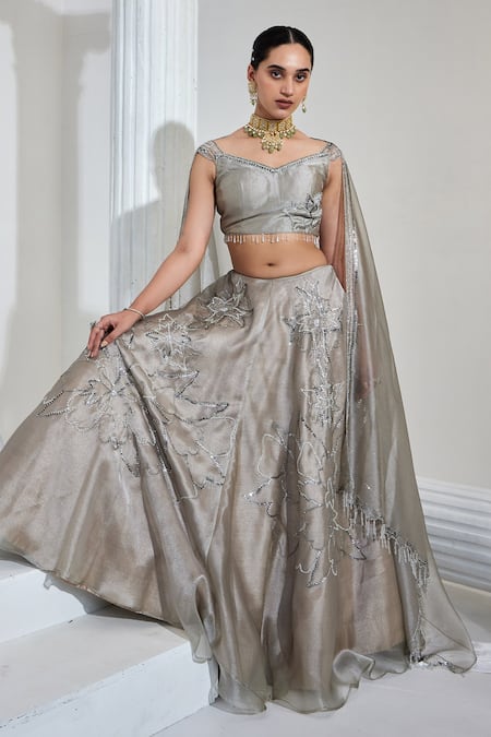 Shop Swati Wadhwani Couture Grey Organza Sequins, Cut Work Sweetheart Neck Metallic Embroidered Lehenga Set at Aza Fashions Shop_Swati Wadhwani Couture_Grey Organza Sequins, Cut Work Sweetheart Neck Metallic Embroidered Lehenga Set _at_Aza_Fashions