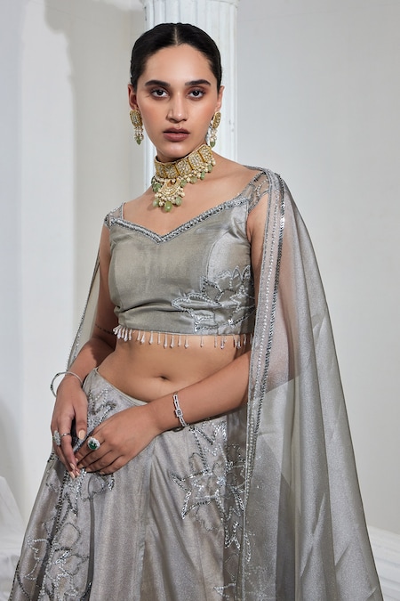 Urbane Embroidered Grey Georgette Readymade Lehenga Choli -