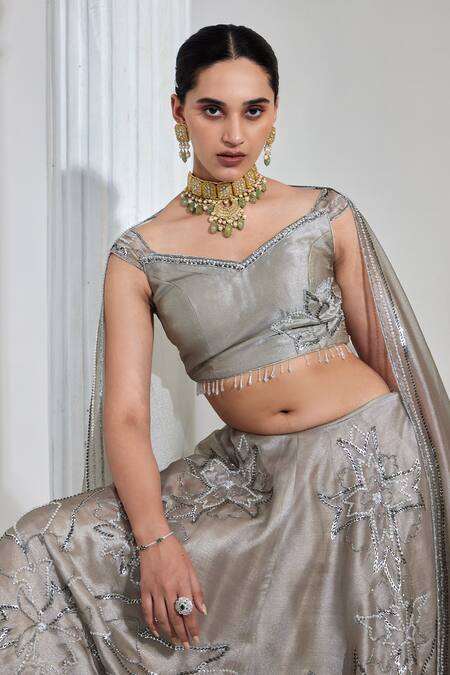 Swati Wadhwani Couture Grey Organza Sequins, Cut Work Sweetheart Neck Metallic Embroidered Lehenga Set at Aza Fashions Swati Wadhwani Couture_Grey Organza Sequins, Cut Work Sweetheart Neck Metallic Embroidered Lehenga Set _at_Aza_Fashions