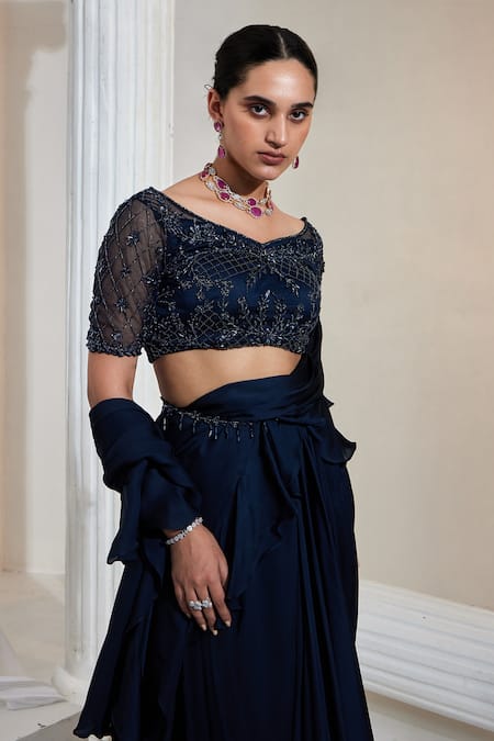 Shop Swati Wadhwani Couture Blue Satin, Georgette, Net Beads, Pre-draped Saree With Embroidered Blouse at Aza Fashions Shop_Swati Wadhwani Couture_Blue Satin, Georgette, Net Beads, Pre-draped Saree With Embroidered Blouse _at_Aza_Fashions