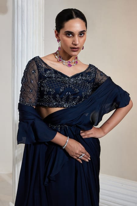 Swati Wadhwani Couture Blue Satin, Georgette, Net Beads, Pre-draped Saree With Embroidered Blouse Online at Aza Fashions Swati Wadhwani Couture_Blue Satin, Georgette, Net Beads, Pre-draped Saree With Embroidered Blouse _Online_at_Aza_Fashions