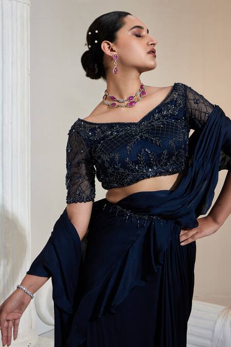 Buy Swati Wadhwani Couture Blue Satin, Georgette, Net Beads, Pre-draped Saree With Embroidered Blouse Online at Aza Fashions Buy_Swati Wadhwani Couture_Blue Satin, Georgette, Net Beads, Pre-draped Saree With Embroidered Blouse _Online_at_Aza_Fashions