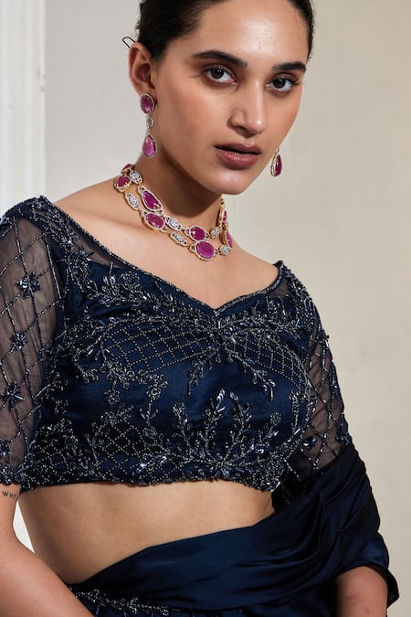 Shop Swati Wadhwani Couture Blue Satin, Georgette, Net Beads, Pre-draped Saree With Embroidered Blouse Online at Aza Fashions Shop_Swati Wadhwani Couture_Blue Satin, Georgette, Net Beads, Pre-draped Saree With Embroidered Blouse _Online_at_Aza_Fashions