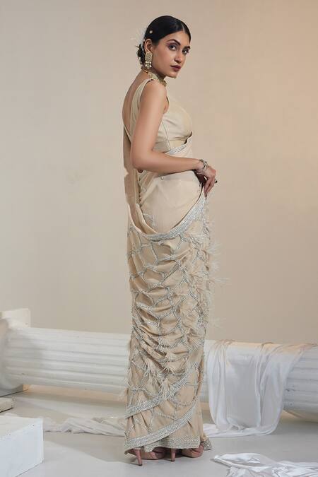 Swati Wadhwani Couture Beige Georgette, Net Pearls V-neck Pre-draped Work Saree With Blouse Online at Aza Fashions Swati Wadhwani Couture_Beige Georgette, Net Pearls V-neck Pre-draped Work Saree With Blouse _Online_at_Aza_Fashions