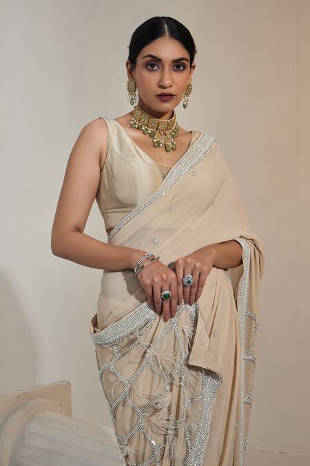 Buy Swati Wadhwani Couture Beige Georgette, Net Pearls V-neck Pre-draped Work Saree With Blouse Online at Aza Fashions Buy_Swati Wadhwani Couture_Beige Georgette, Net Pearls V-neck Pre-draped Work Saree With Blouse _Online_at_Aza_Fashions