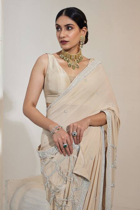 Shop Swati Wadhwani Couture Beige Georgette, Net Pearls V-neck Pre-draped Work Saree With Blouse Online at Aza Fashions Shop_Swati Wadhwani Couture_Beige Georgette, Net Pearls V-neck Pre-draped Work Saree With Blouse _Online_at_Aza_Fashions
