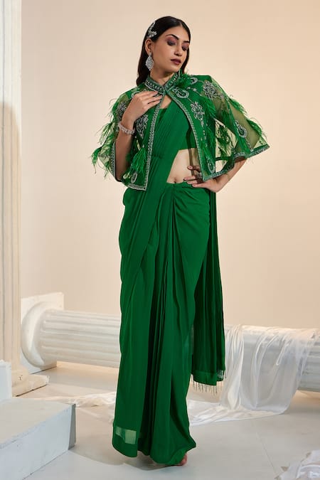 Shop Swati Wadhwani Couture Green Crepe, Net, Georgette Pre-draped Saree Feather Embroidered Cape Set at Aza Fashions Shop_Swati Wadhwani Couture_Green Crepe, Net, Georgette Pre-draped Saree Feather Embroidered Cape Set _at_Aza_Fashions