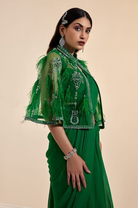 Swati Wadhwani Couture Green Crepe, Net, Georgette Pre-draped Saree Feather Embroidered Cape Set Online at Aza Fashions Swati Wadhwani Couture_Green Crepe, Net, Georgette Pre-draped Saree Feather Embroidered Cape Set _Online_at_Aza_Fashions