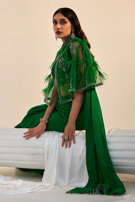 Buy Swati Wadhwani Couture Green Crepe, Net, Georgette Pre-draped Saree Feather Embroidered Cape Set Online at Aza Fashions Buy_Swati Wadhwani Couture_Green Crepe, Net, Georgette Pre-draped Saree Feather Embroidered Cape Set _Online_at_Aza_Fashions
