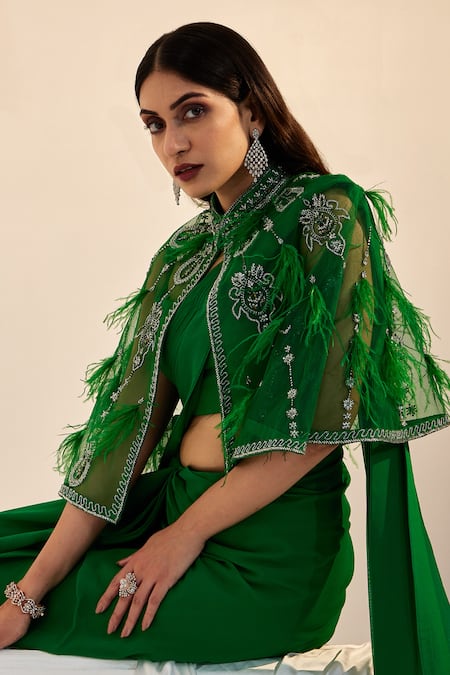 Shop Swati Wadhwani Couture Green Crepe, Net, Georgette Pre-draped Saree Feather Embroidered Cape Set Online at Aza Fashions Shop_Swati Wadhwani Couture_Green Crepe, Net, Georgette Pre-draped Saree Feather Embroidered Cape Set _Online_at_Aza_Fashions