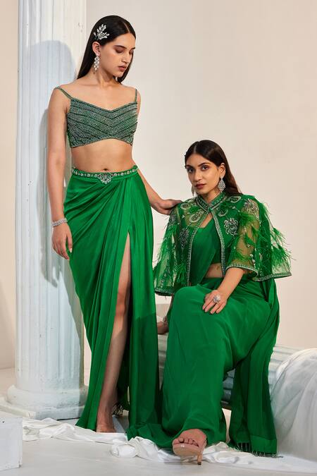 Swati Wadhwani Couture Green Crepe, Net, Georgette Pre-draped Saree Feather Embroidered Cape Set at Aza Fashions Swati Wadhwani Couture_Green Crepe, Net, Georgette Pre-draped Saree Feather Embroidered Cape Set _at_Aza_Fashions