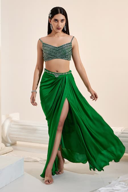 Shop Swati Wadhwani Couture Green Net, Satin, Georgette Cut Work, Embroidered Blouse And Draped Skirt Set at Aza Fashions Shop_Swati Wadhwani Couture_Green Net, Satin, Georgette Cut Work, Embroidered Blouse And Draped Skirt Set _at_Aza_Fashions