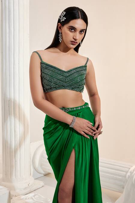 Buy Swati Wadhwani Couture Green Net, Satin, Georgette Cut Work, Embroidered Blouse And Draped Skirt Set Online at Aza Fashions Buy_Swati Wadhwani Couture_Green Net, Satin, Georgette Cut Work, Embroidered Blouse And Draped Skirt Set _Online_at_Aza_Fashions