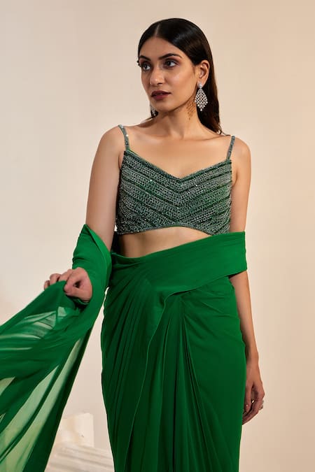 Swati Wadhwani Couture_Green Net, Crepe, Georgette Sequins, Cut Pre-draped Tasseled Saree With Blouse _Online_at_Aza_Fashions