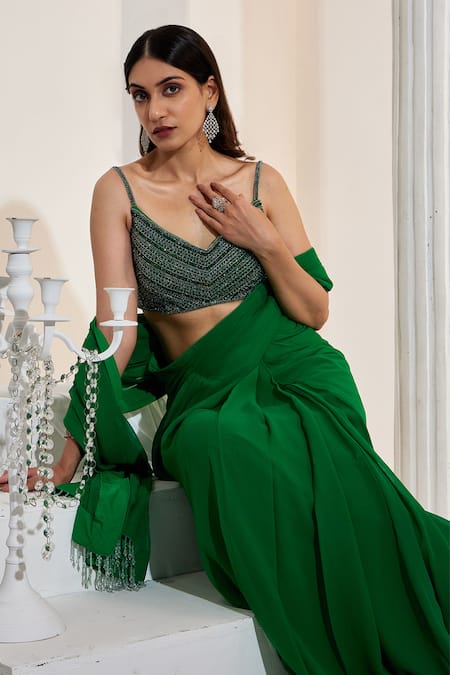 Shop_Swati Wadhwani Couture_Green Net, Crepe, Georgette Sequins, Cut Pre-draped Tasseled Saree With Blouse _Online_at_Aza_Fashions