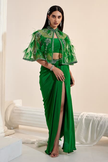 Shop Swati Wadhwani Couture Green Net, Georgette, Satin Sequins, Feathers, Beads Embroidered Cape Skirt Set at Aza Fashions Shop_Swati Wadhwani Couture_Green Net, Georgette, Satin Sequins, Feathers, Beads Embroidered Cape Skirt Set _at_Aza_Fashions