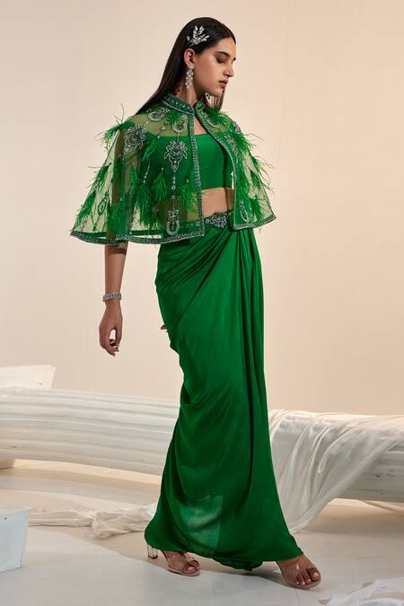 Swati Wadhwani Couture Green Net, Georgette, Satin Sequins, Feathers, Beads Embroidered Cape Skirt Set Online at Aza Fashions Swati Wadhwani Couture_Green Net, Georgette, Satin Sequins, Feathers, Beads Embroidered Cape Skirt Set _Online_at_Aza_Fashions