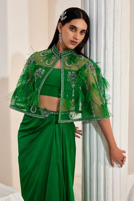 Buy Swati Wadhwani Couture Green Net, Georgette, Satin Sequins, Feathers, Beads Embroidered Cape Skirt Set Online at Aza Fashions Buy_Swati Wadhwani Couture_Green Net, Georgette, Satin Sequins, Feathers, Beads Embroidered Cape Skirt Set _Online_at_Aza_Fashions