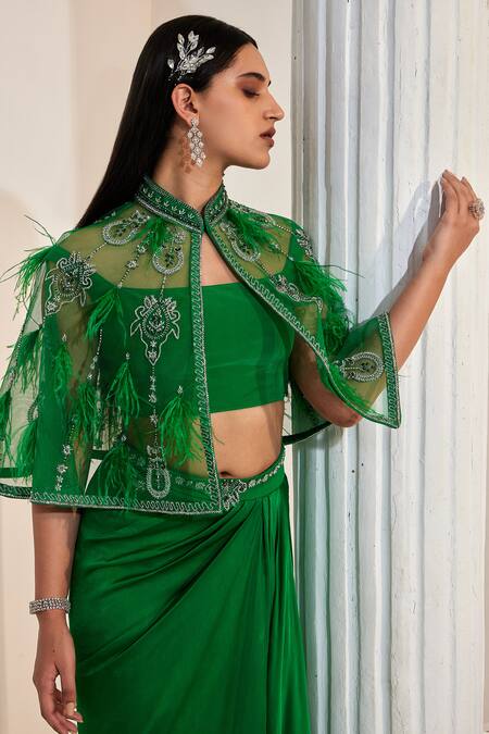 Shop Swati Wadhwani Couture Green Net, Georgette, Satin Sequins, Feathers, Beads Embroidered Cape Skirt Set Online at Aza Fashions Shop_Swati Wadhwani Couture_Green Net, Georgette, Satin Sequins, Feathers, Beads Embroidered Cape Skirt Set _Online_at_Aza_Fashions