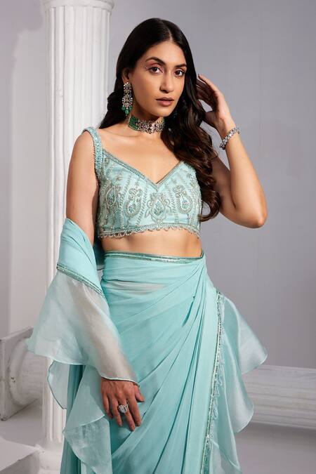 Shop Swati Wadhwani Couture Blue Georgette, Organza, Net Sequins V-neck Pre-draped Ruffle Saree With Blouse Online at Aza Fashions Shop_Swati Wadhwani Couture_Blue Georgette, Organza, Net Sequins V-neck Pre-draped Ruffle Saree With Blouse _Online_at_Aza_Fashions