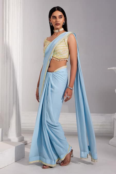 SWATI WADHWANI COUTURE Blue Georgette Embroidered Sequin V Pre-draped Saree With Blouse 