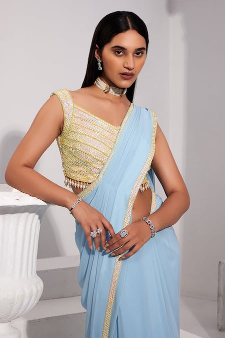 Shop Swati Wadhwani Couture Blue Georgette, Net Sequins V-neck Pre-draped Embroidered Saree With Blouse Online at Aza Fashions Shop_Swati Wadhwani Couture_Blue Georgette, Net Sequins V-neck Pre-draped Embroidered Saree With Blouse _Online_at_Aza_Fashions