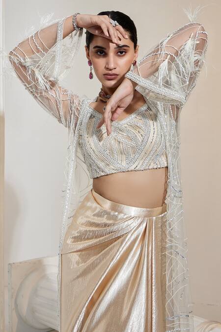 Buy Swati Wadhwani Couture Beige Satin, Net, Crepe Embroidery V-neck Off-shoulder Blouse Skirt Set Online at Aza Fashions Buy_Swati Wadhwani Couture_Beige Satin, Net, Crepe Embroidery V-neck Off-shoulder Blouse Skirt Set _Online_at_Aza_Fashions
