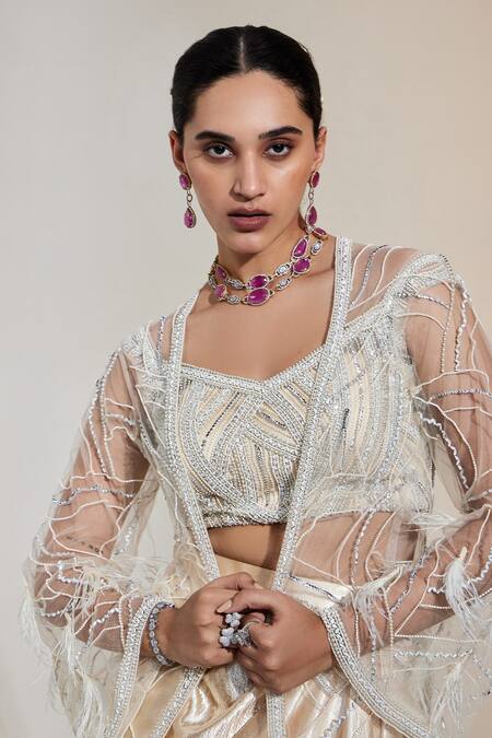 Shop Swati Wadhwani Couture Beige Satin, Net, Crepe Embroidery V-neck Off-shoulder Blouse Skirt Set Online at Aza Fashions Shop_Swati Wadhwani Couture_Beige Satin, Net, Crepe Embroidery V-neck Off-shoulder Blouse Skirt Set _Online_at_Aza_Fashions