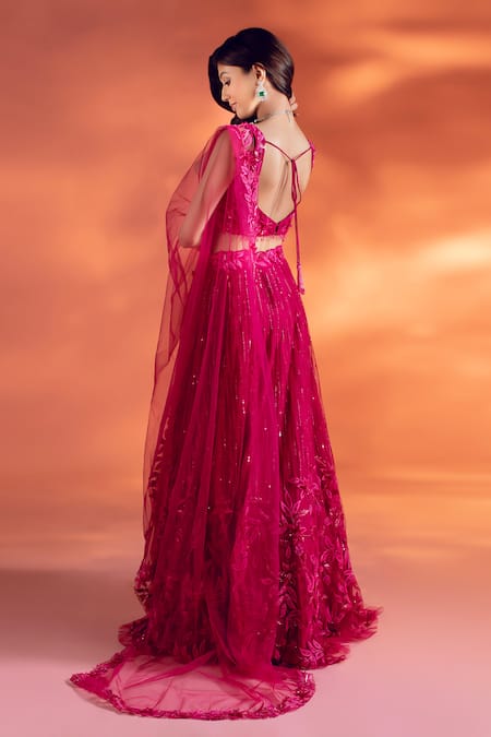 Kiyohra Magenta Net Beads, Sequins, Embroidery Krissa Floral Bridal Lehenga Set Online at Aza Fashions Kiyohra_Magenta Net Beads, Sequins, Embroidery Krissa Floral Bridal Lehenga Set _Online_at_Aza_Fashions
