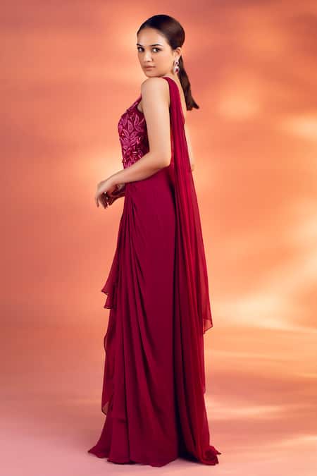 Buy_Kiyohra_Magenta Net, Georgette Sequins One Shoulder Floral Embellished Draped Gown _Online_at_Aza_Fashions