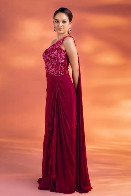 Shop_Kiyohra_Magenta Net, Georgette Sequins One Shoulder Floral Embellished Draped Gown _Online_at_Aza_Fashions