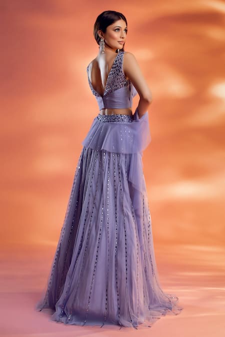 Kiyohra_Blue Net Embroidery, Beads V-neck Prue Crystal Embellished Lehenga Set _Online_at_Aza_Fashions