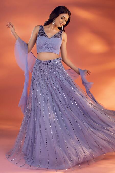 Buy_Kiyohra_Blue Net Embroidery, Beads V-neck Prue Crystal Embellished Lehenga Set _Online_at_Aza_Fashions