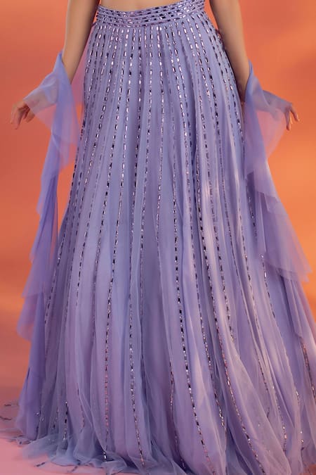 Shop_Kiyohra_Blue Net Embroidery, Beads V-neck Prue Crystal Embellished Lehenga Set _Online_at_Aza_Fashions