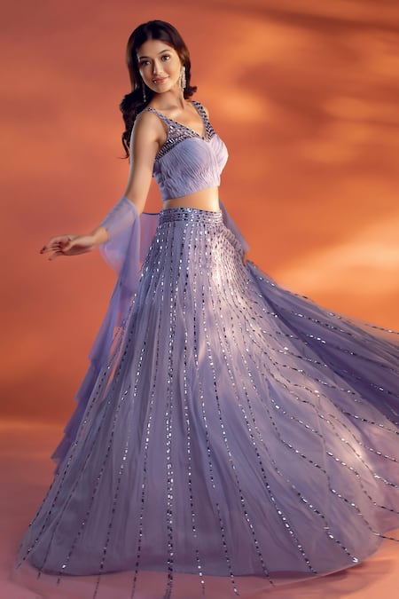 Kiyohra_Blue Net Embroidery, Beads V-neck Prue Crystal Embellished Lehenga Set _at_Aza_Fashions