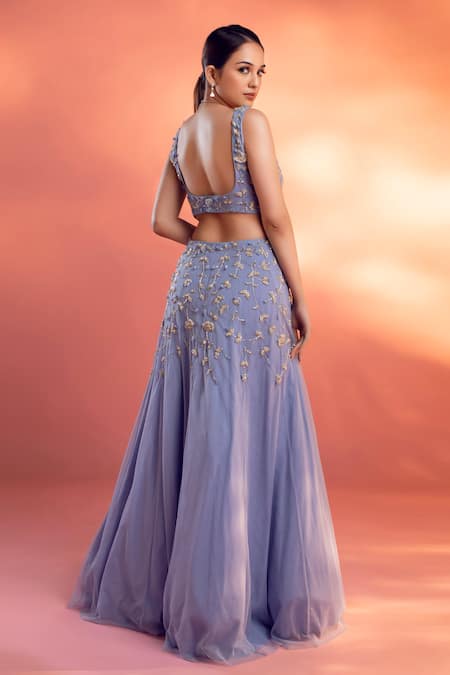 Kiyohra Blue Net Embroidery Sweetheart Neck Aubrey Floral Embellished Waist Cutout Gown Online at Aza Fashions Kiyohra_Blue Net Embroidery Sweetheart Neck Aubrey Floral Embellished Waist Cutout Gown _Online_at_Aza_Fashions