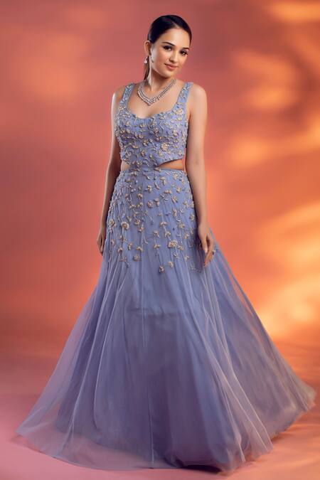 Buy Kiyohra Blue Net Embroidery Sweetheart Neck Aubrey Floral Embellished Waist Cutout Gown Online at Aza Fashions Buy_Kiyohra_Blue Net Embroidery Sweetheart Neck Aubrey Floral Embellished Waist Cutout Gown _Online_at_Aza_Fashions