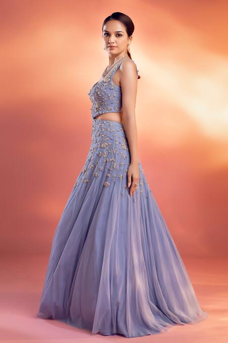 Shop Kiyohra Blue Net Embroidery Sweetheart Neck Aubrey Floral Embellished Waist Cutout Gown Online at Aza Fashions Shop_Kiyohra_Blue Net Embroidery Sweetheart Neck Aubrey Floral Embellished Waist Cutout Gown _Online_at_Aza_Fashions